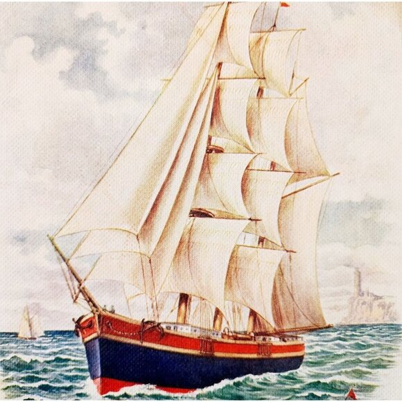 1900 Sailboat Lithograph Nautical Victorian Woven Linen Paper Print Boats DWPP7 - Picture 1 of 2